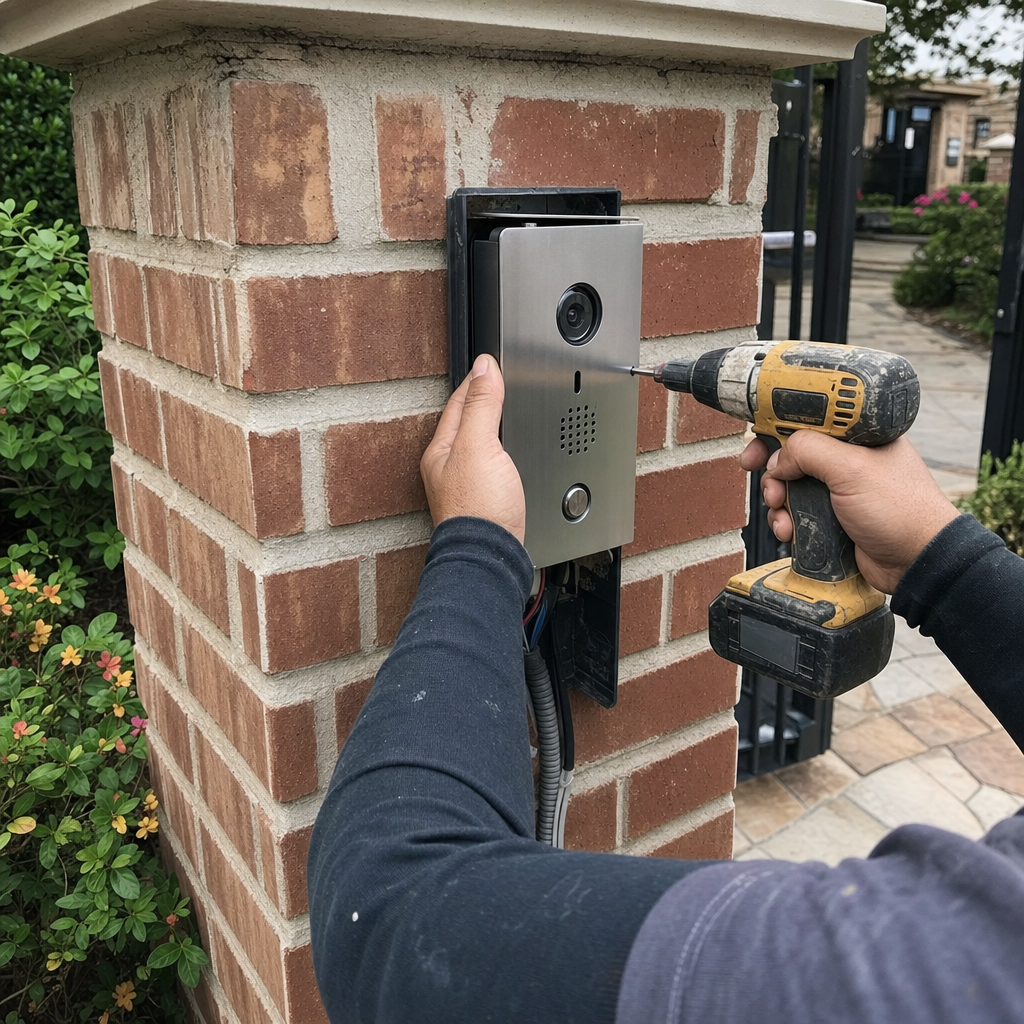 Technician installing a gate access control intercom system on a brick pillar