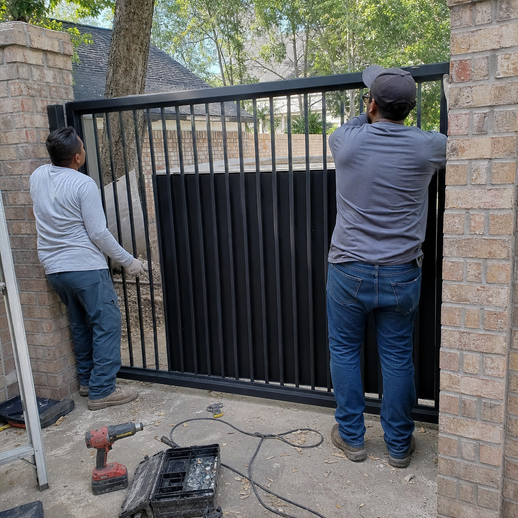 Two professional technicians installing a modern black metal driveway gate