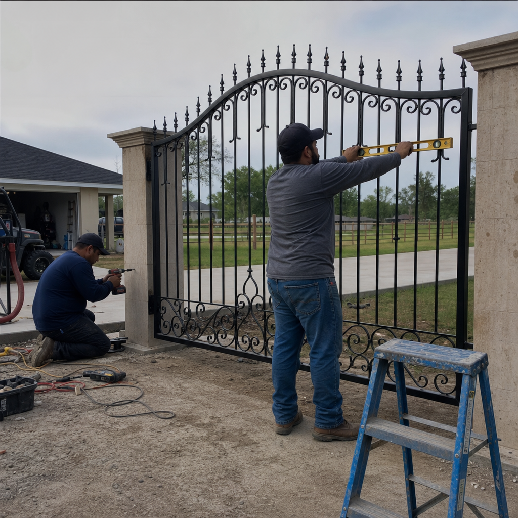 professional technicians installing and leveling a black metal security gate