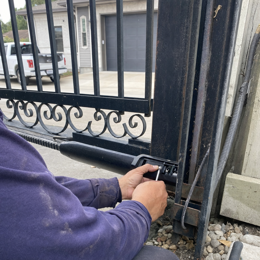 Professional technician performing gate motor and automatic opener repair