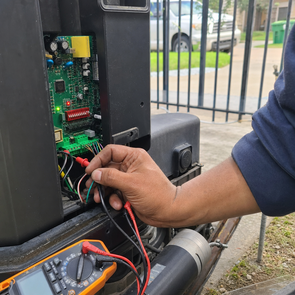 Technician using a multimeter to repair a gate motor circuit board
