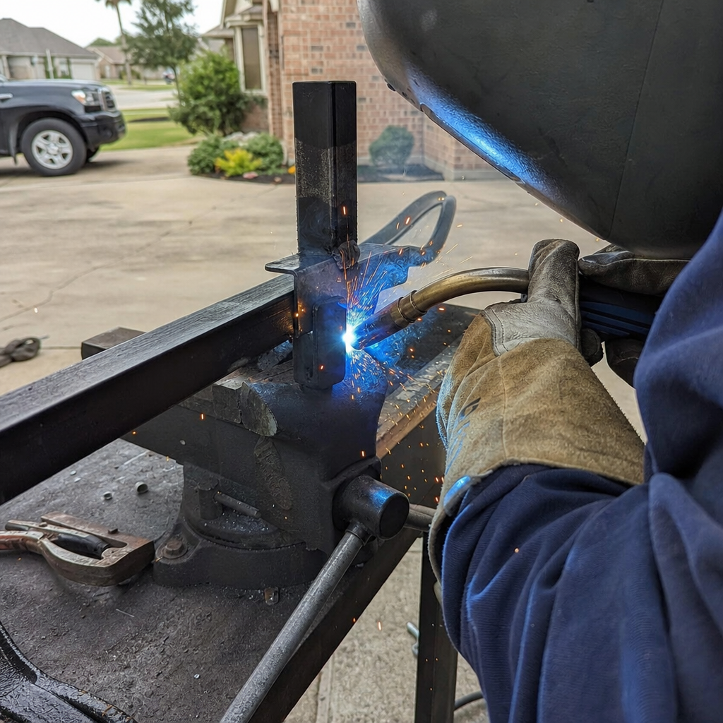 Professional welding metal gate components in an outdoor workshop