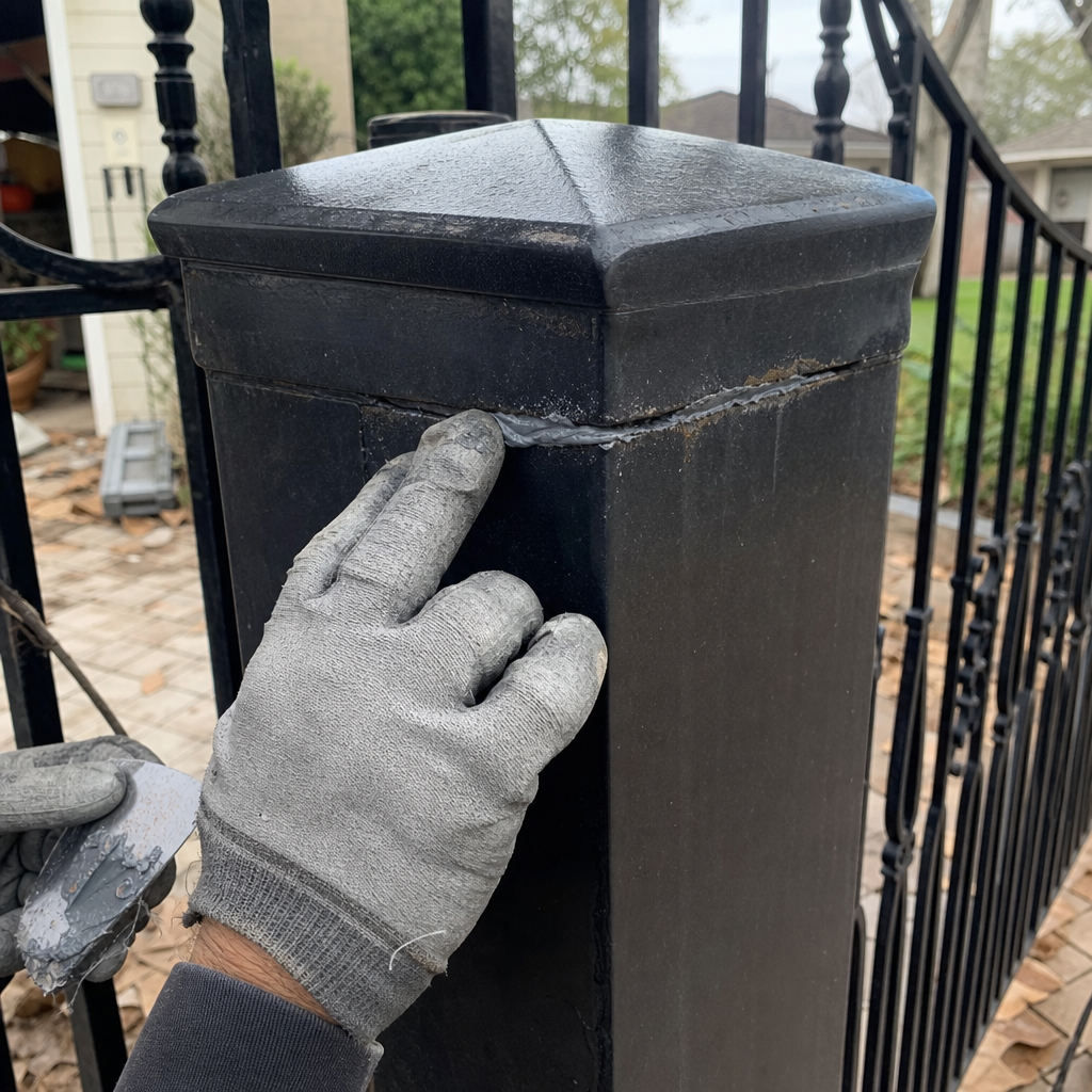Worker applying sealant to a black metal fence post during gate repair