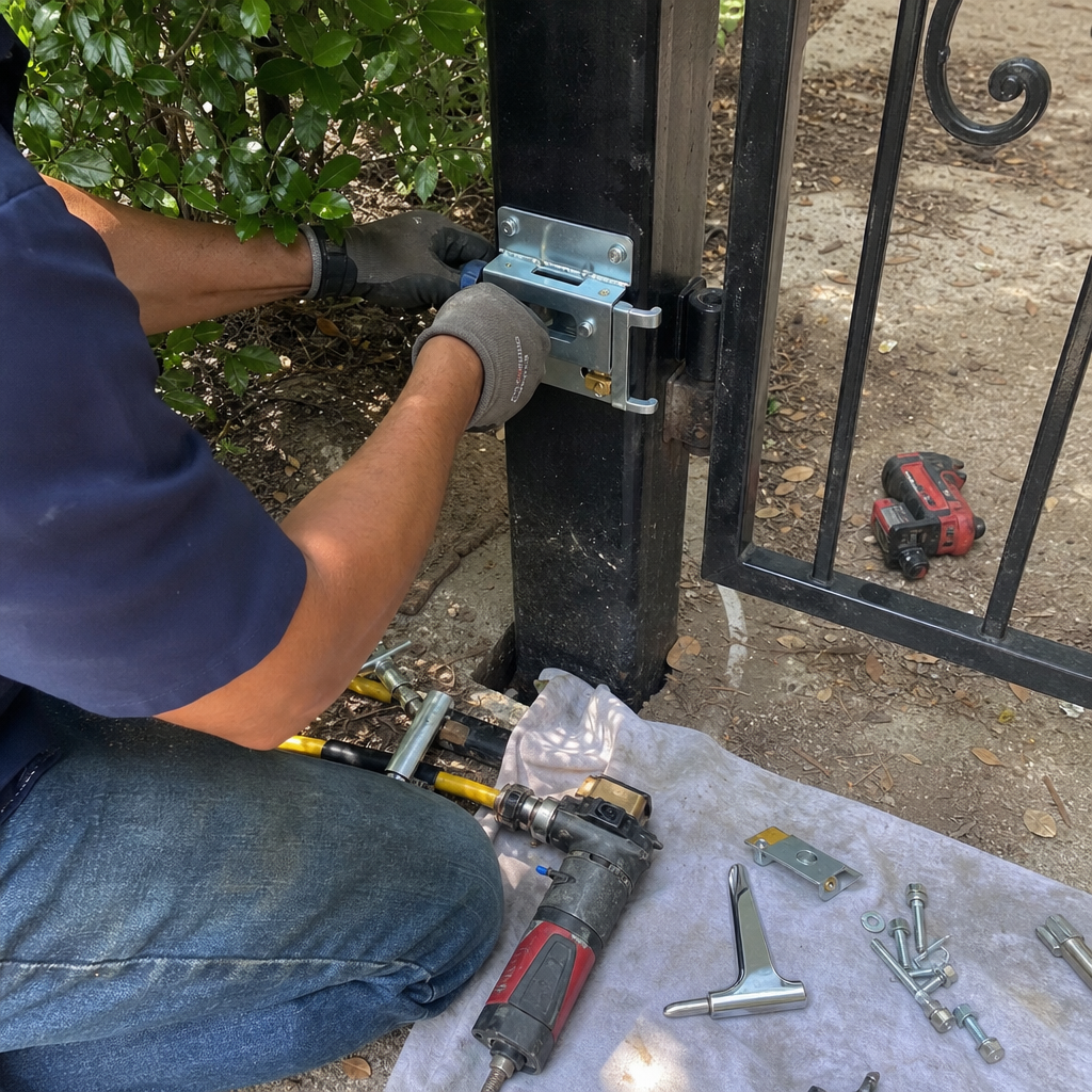 Technician installing a new metal gate latch on a fence post