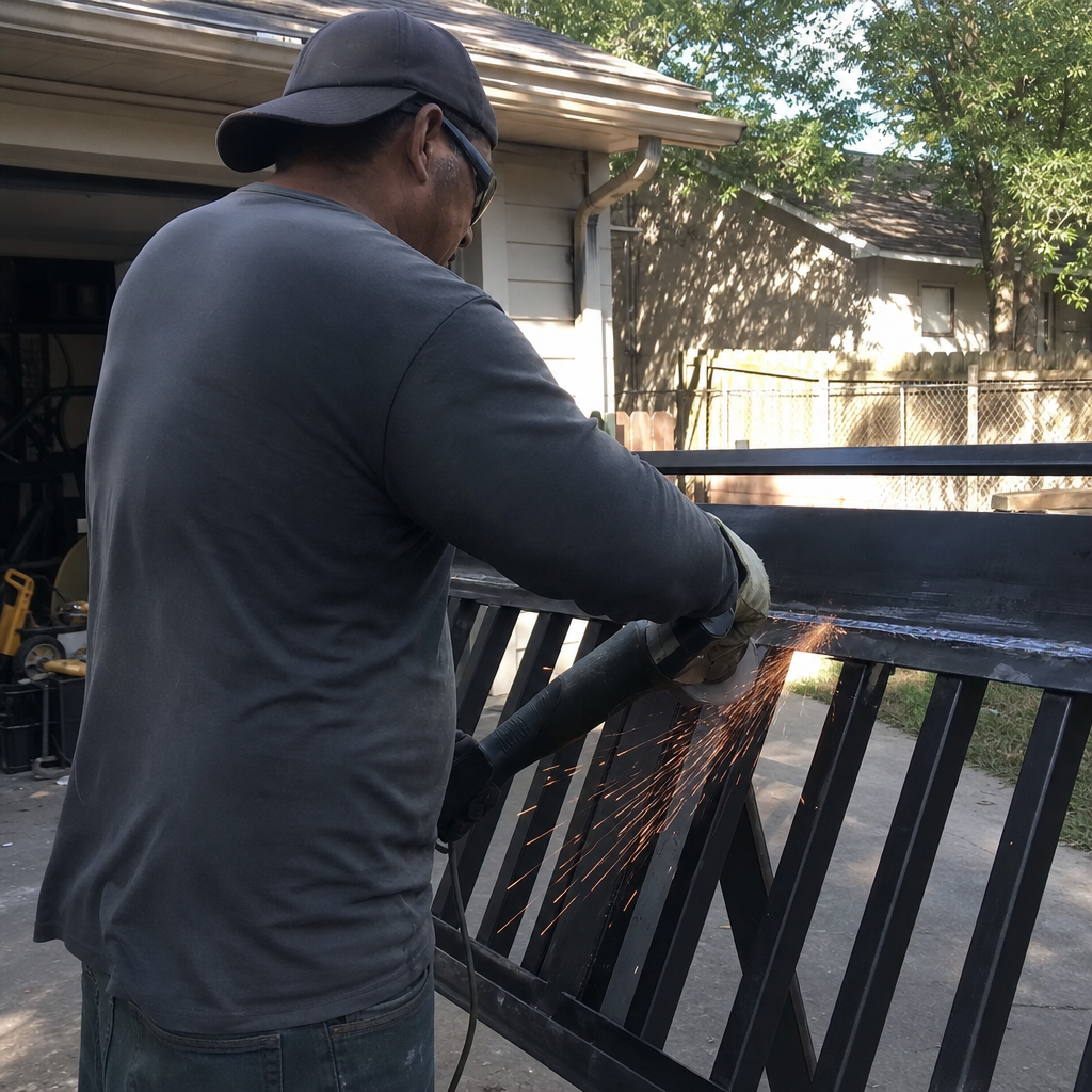 Professional technician performing gate parts and welding repair on metal fence in Texas, TX