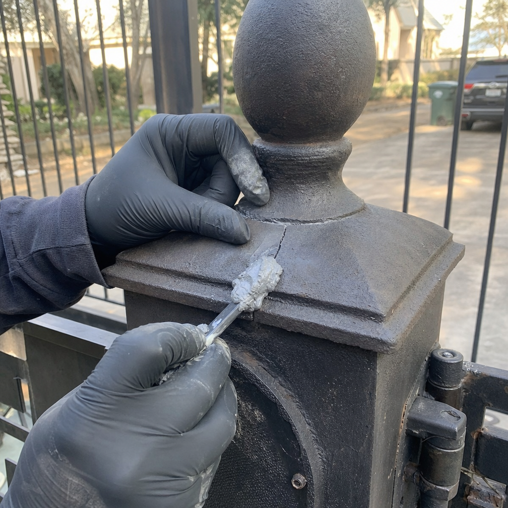 Professional technician repairing a crack in a metal gate post